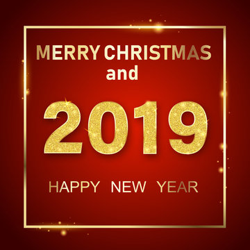 Red Merry Christmas and Happy New Year 2019 shiny card with golden figures.