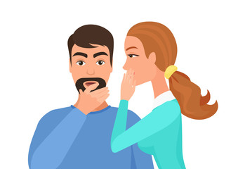 Fototapeta na wymiar Woman whispering gossip or secret rumors to man. Gossiping secret people vector illustration.