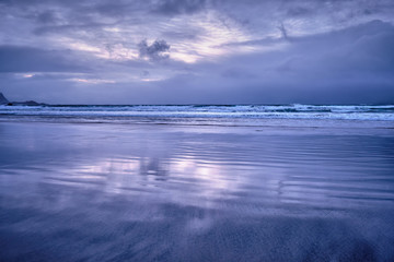 Obraz premium Skagsanden beach on sunset, Lofoten islands, Norway