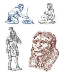 Primitive people. Prehistoric period, ancient tribe, cave barbarian man and woman couple with a child. Hand drawn sketch. Engraved monochrome illustration.
