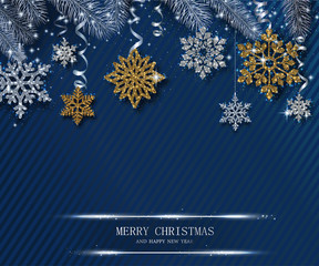 Blue Merry Christmas and Happy New Year shiny card with snowflakes and fir branches.