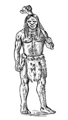 Fototapeta na wymiar Primitive people. Prehistoric period, ancient tribe, cave barbarian man. Hand drawn sketch. Engraved monochrome illustration.
