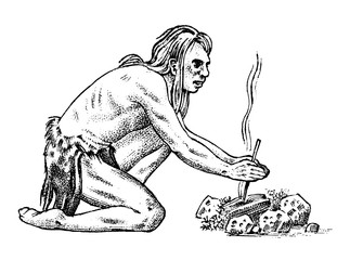 Primitive people. Prehistoric period, ancient tribe, cave barbarian man. Hand drawn sketch. Engraved monochrome illustration.