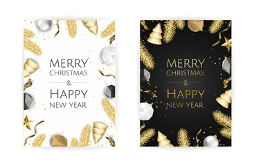 Christmas bright background with golden Xmas decorations. Merry christmas greeting card.
