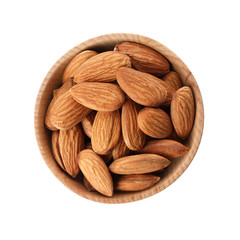 Bowl with organic almond nuts on white background, top view