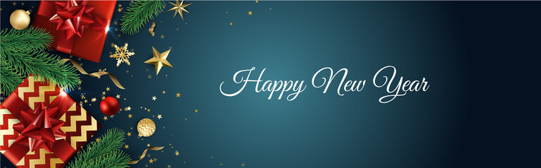 Banner with Christmas balls and stars. Great for New year party posters, headers.