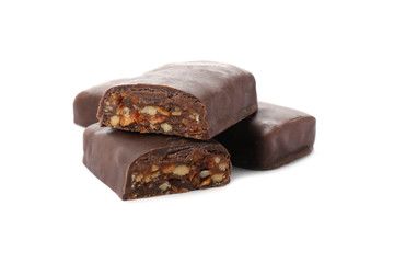 Tasty glazed protein bars on white background