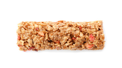 Tasty protein bar on white background, top view