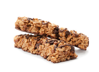 Tasty protein bars on white background. Healthy snack