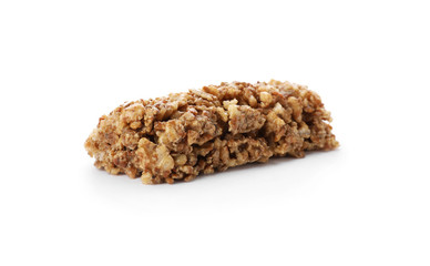 Tasty protein bar on white background. Healthy snack