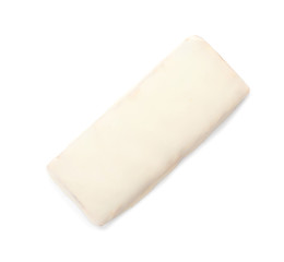 Tasty glazed protein bar on white background, top view