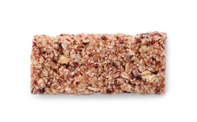 Tasty protein bar on white background, top view