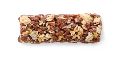 Tasty protein bar on white background, top view