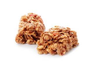 Pieces of tasty protein bar on white background