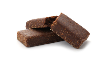 Tasty protein bars on white background. Healthy snack