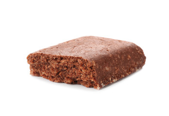 Piece of tasty protein bar on white background