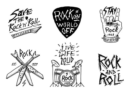 Set of Rock and Roll music symbols with Drums, Plectrum and machete. labels, logos. Heavy metal templates for design t-shirt, night party and festival. Hand drawn. Engraved sketch.