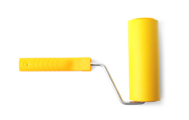 Paint roller brush on white background, top view