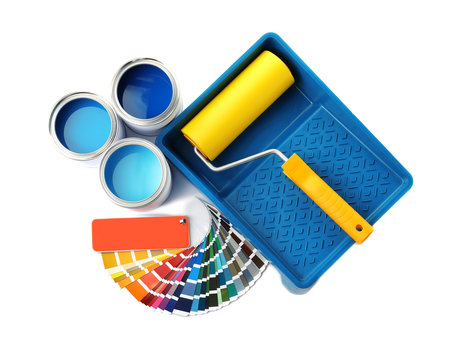 Set of painting tools on white background, top view