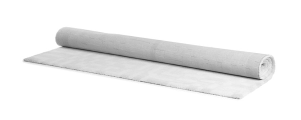 Rolled soft carpet on white background. Interior element