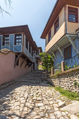 Street and houses from the period of Bulgarian revival in old town of city of Plovdiv, Bulgaria