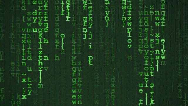 Random computer code moving on a green color screen.