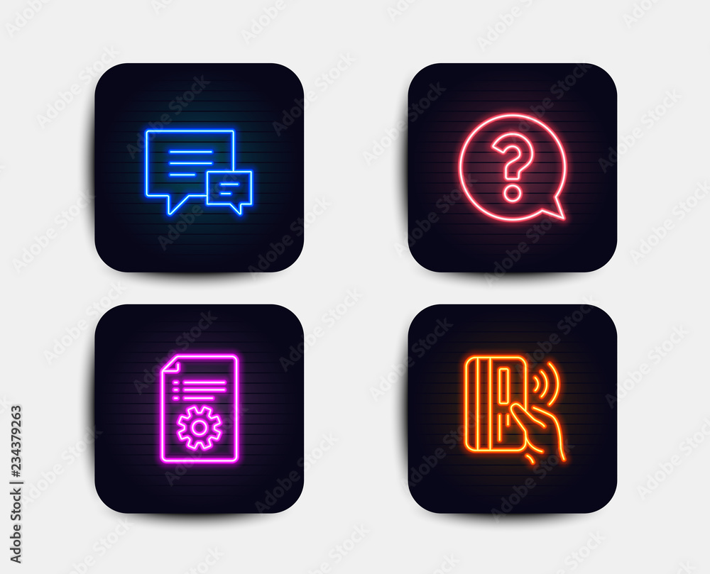 Poster neon set of comment, technical documentation and question mark icons. contactless payment sign. talk