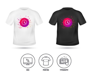 T-shirt mock up template. Clock sign icon. Mechanical clock symbol. Realistic shirt mockup design. Printing, typography icon. Vector