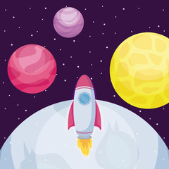 startup rocket with moon and planets