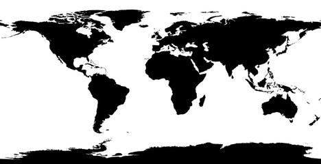 Map of the world colored in black and white - projection in geographic coordinate system
