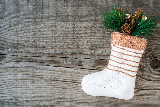 christmas stocking on wooden background