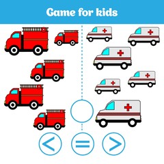 Education logic game for preschool kids. Choose the correct answer. More, less or equal Vector illustration