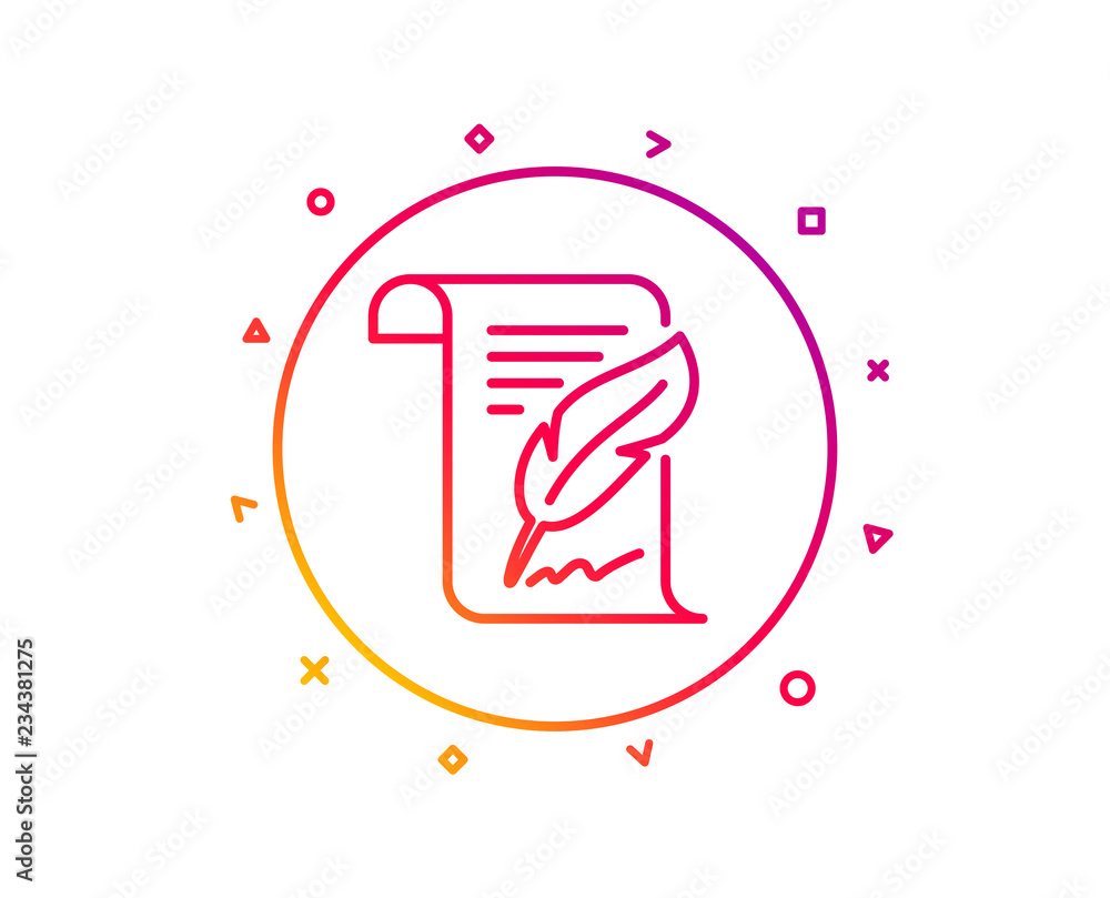 Poster Feather signature line icon. Copywriting sign. Feedback symbol. Gradient pattern line button. Feather icon design. Geometric shapes. Vector