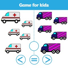 Education logic game for preschool kids. Choose the correct answer. More, less or equal Vector illustration