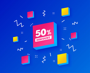 50 percent discount sign icon. Sale symbol. Special offer label. Isometric cubes with geometric shapes. Creative shopping sale discount banners. Template for design. Vector