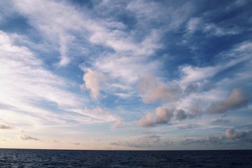 Fototapeta na wymiar Full frame Sea view of the majestic vast expanse of blue sky with white clouds during morning
