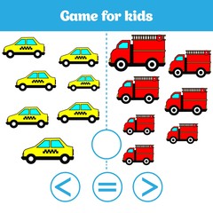 Education logic game for preschool kids. Choose the correct answer. More, less or equal Vector illustration