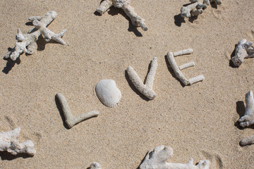Fototapeta na wymiar word Love from corals on sand of tropical beach