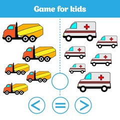 Education logic game for preschool kids. Choose the correct answer. More, less or equal Vector illustration
