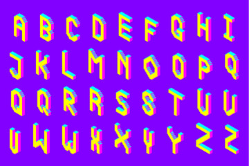 bold colorful isometric pixel 3d font. modern bright uppercase geometric alphabet letters set. stock vector illustration clipart