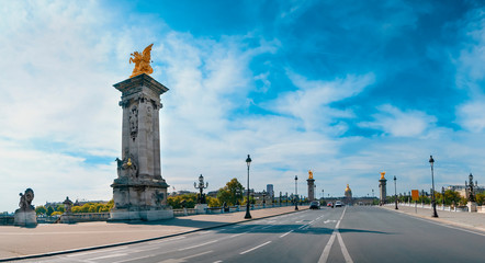 Panoramic view of Alexander III bridge in Paris at sunny day