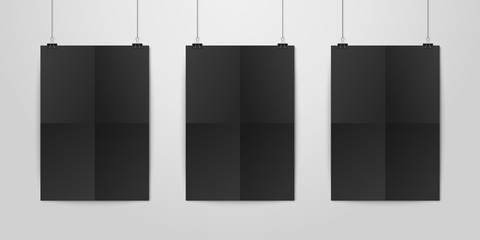 Three Vector Realistic Black Blank Vertical A4 Folded Paper Poster Hanging on a Rope with Binder Clip Set on White Wall mock-up. Empty Poster Design Template for Graphics, Mockup