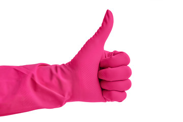 Hand in pink rubber glove for cleaning isolated over white background.