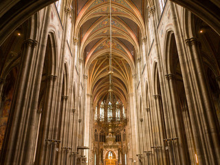 Vienna, Austria - August 13, 2018: Votive Church, neo-gothic church, the second-tallest church in Vienna. The interior of the church inside.