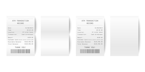 Vector Realistic 3d Paper Printed ATM Transaction Record Receipt Set Closeup Isolated on White Background. Design Template of Bill ATM, Receipt Records, Paper Financial Check for Mockup. Top View