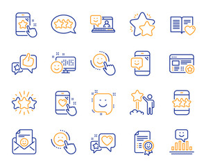 Feedback line icons. Set of User Opinion, Customer service and Star Rating icons. Testimonial, Positive negative emotion, Customer satisfaction. Social media feedback, star rating technology. Vector