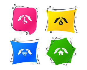 Hands insurance icons. Money bag savings insurance symbols. Disabled human help symbol. House property insurance sign. Geometric colorful tags. Banners with flat icons. Trendy design. Vector