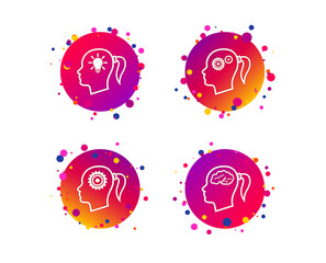 Head with brain and idea lamp bulb icons. Female woman think symbols. Cogwheel gears signs. Gradient circle buttons with icons. Random dots design. Vector