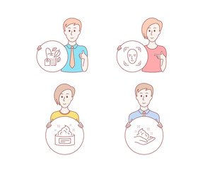 People set of Face detection, Skin cream and Mint bag icons. Skin care sign. Detect person, Medical cosmetic, Mentha tea. Hand cream. Character hold circle button. Vector