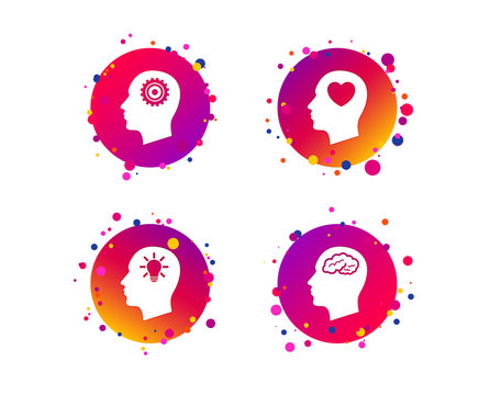 Head With Brain And Idea Lamp Bulb Icons. Male Human Think Symbols. Cogwheel Gears Signs. Love Heart. Gradient Circle Buttons With Icons. Random Dots Design. Vector